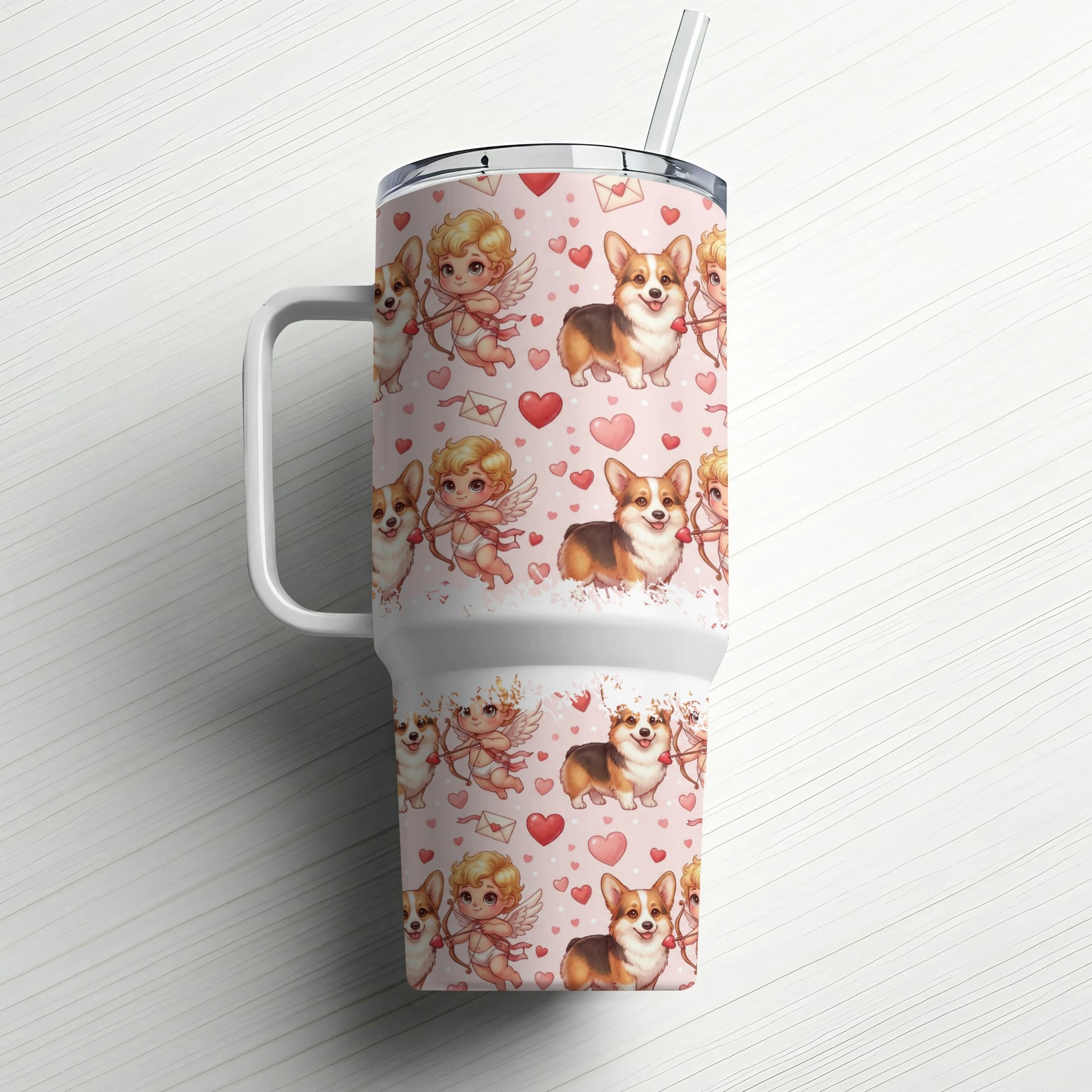 Pink tumbler with corgis and cupids, heart pattern.