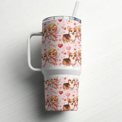 Pink tumbler with corgis and cupids, heart pattern.