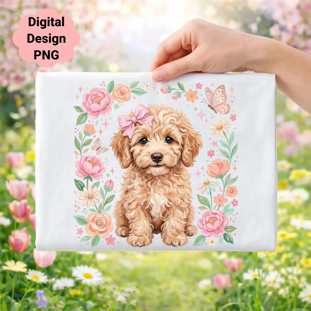 Fluffy light brown puppy with a pink bow surrounded by flowers and butterflies.