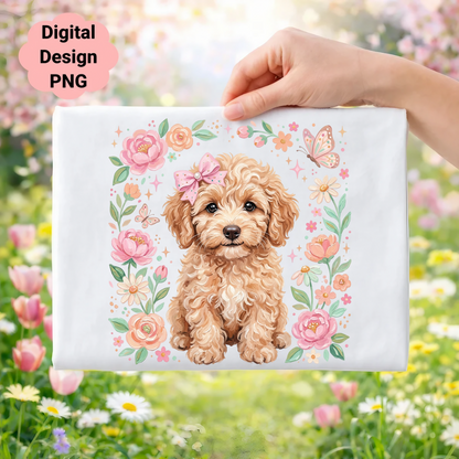 Fluffy light brown puppy with a pink bow surrounded by flowers and butterflies.