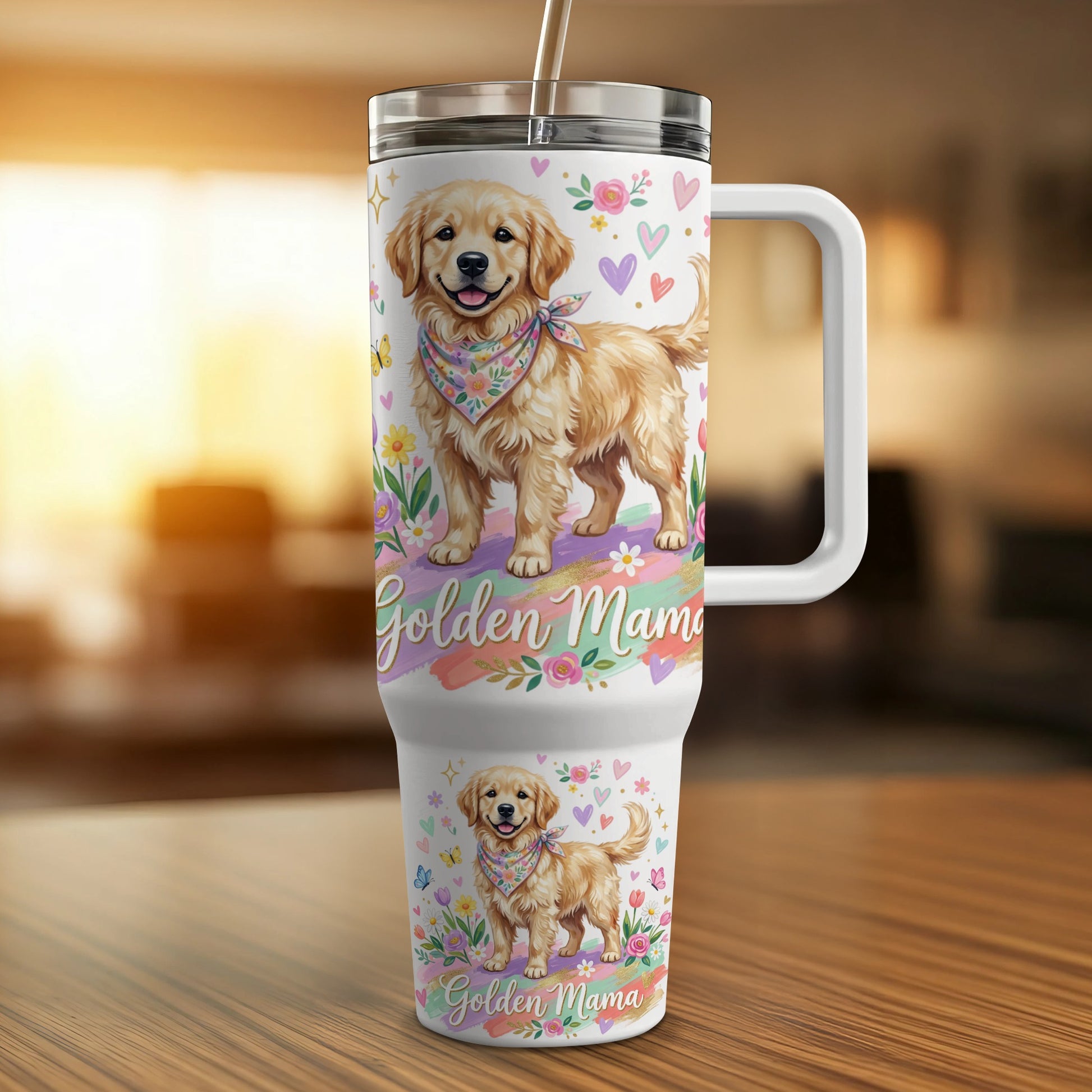 Golden Retriever with bandana on two tumblers with floral and heart designs.