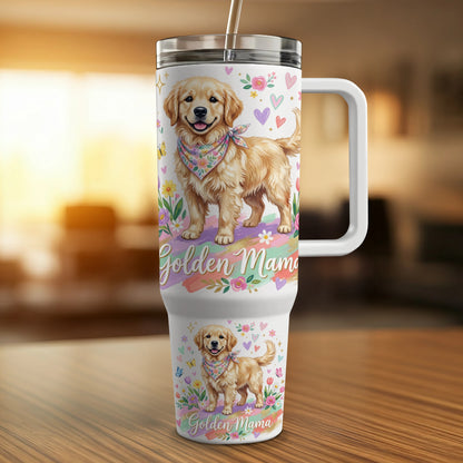 Golden Retriever with bandana on two tumblers with floral and heart designs.
