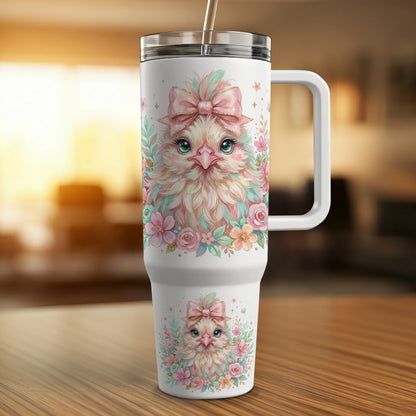 White tumbler with a pink bow and floral chick design.
