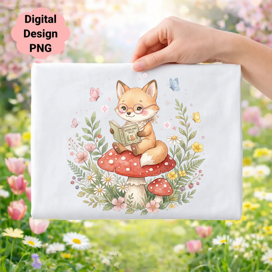 Cute fox reading a book on a mushroom with butterflies and flowers.