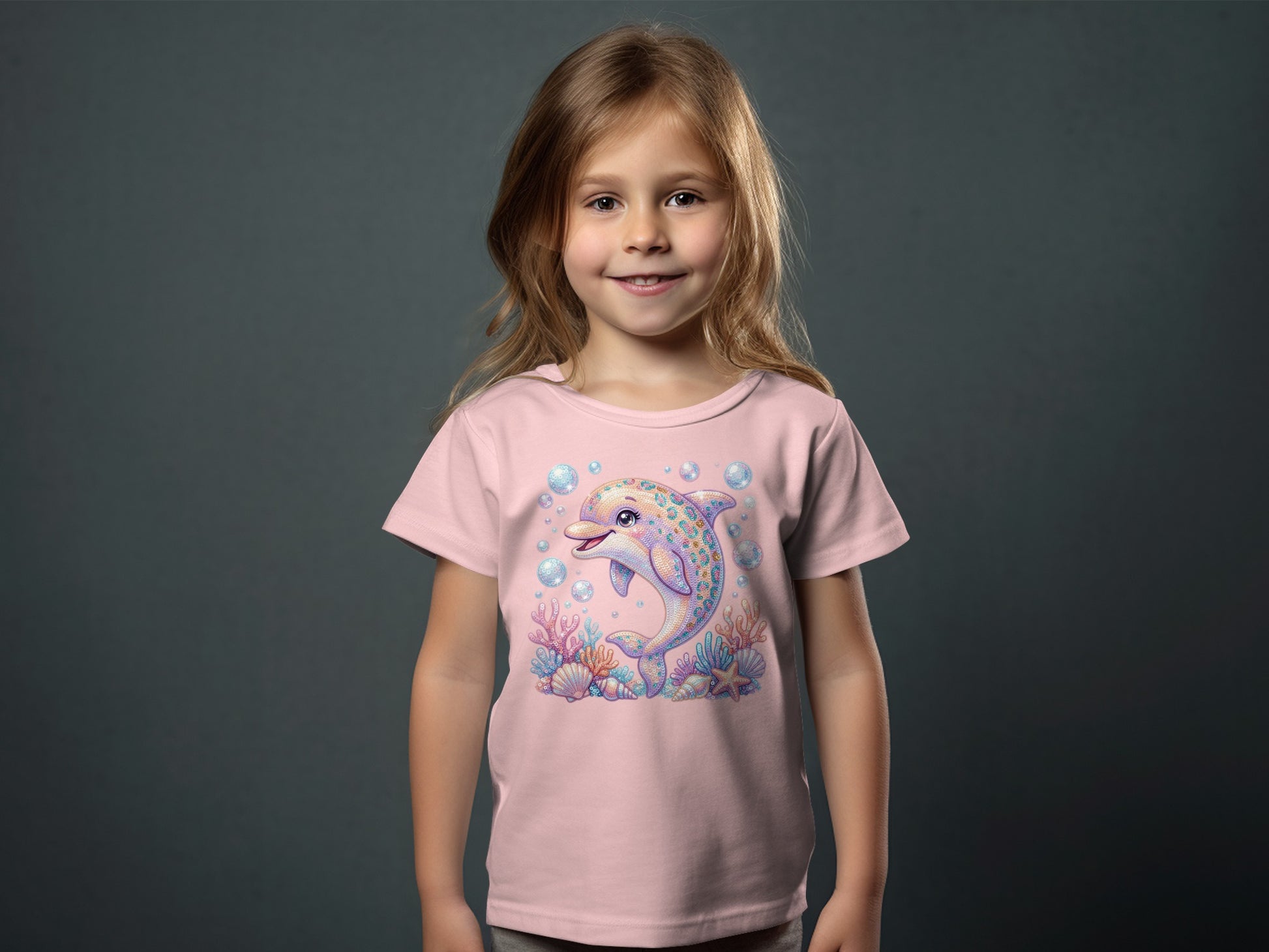 Child wearing pink t-shirt with a colorful cartoon dolphin and sea life graphic.