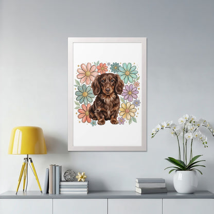 Dachshund art print with floral border in a white frame.