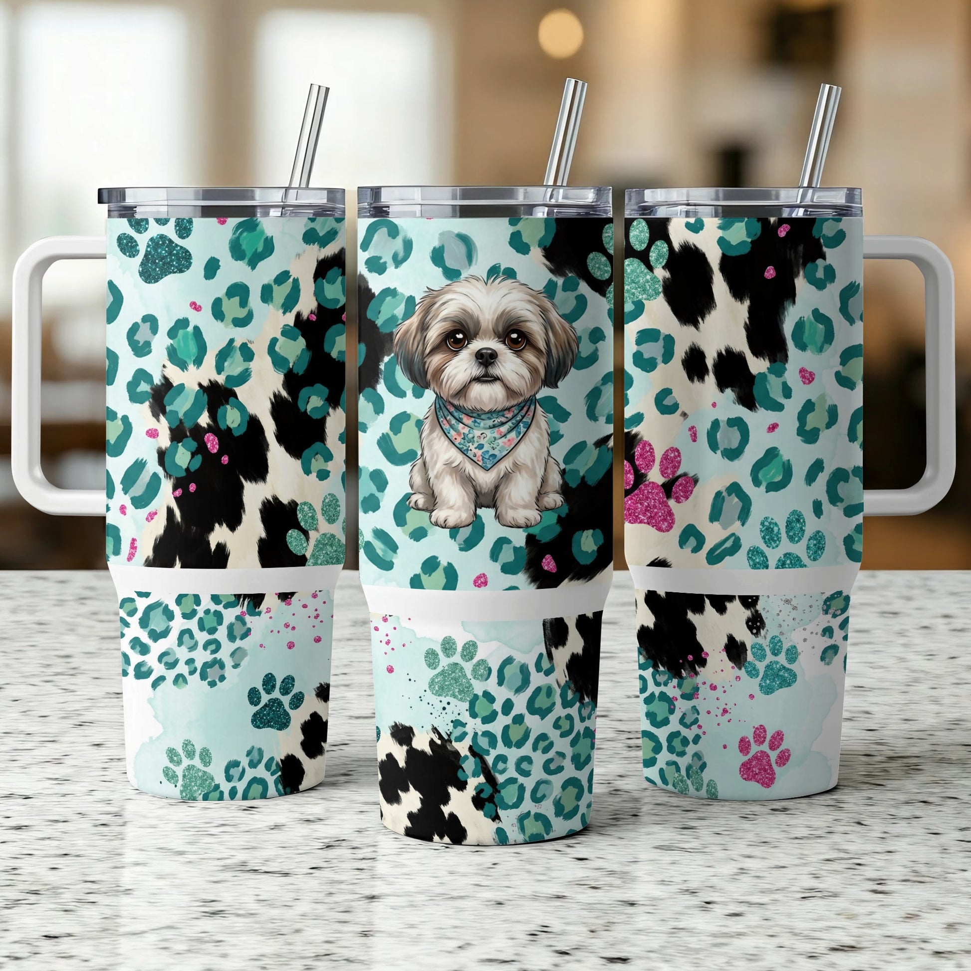 Shih Tzu dog wearing bandana on teal leopard print tumbler.