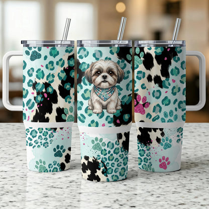 Shih Tzu dog wearing bandana on teal leopard print tumbler.