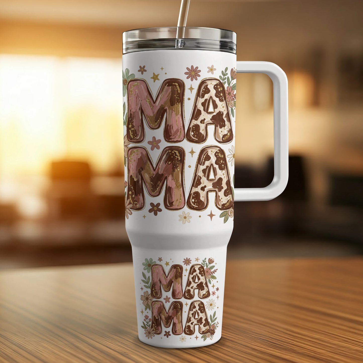 White tumbler with "Mama" text and floral cow print design.