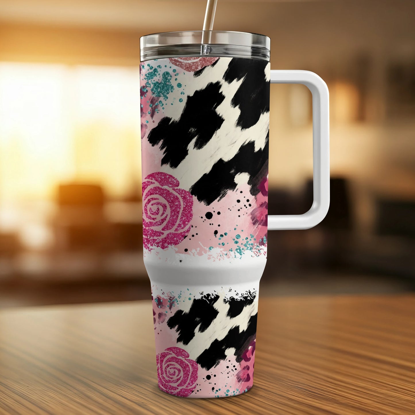 30 oz tumbler with cow print, pink roses, and glitter accents.