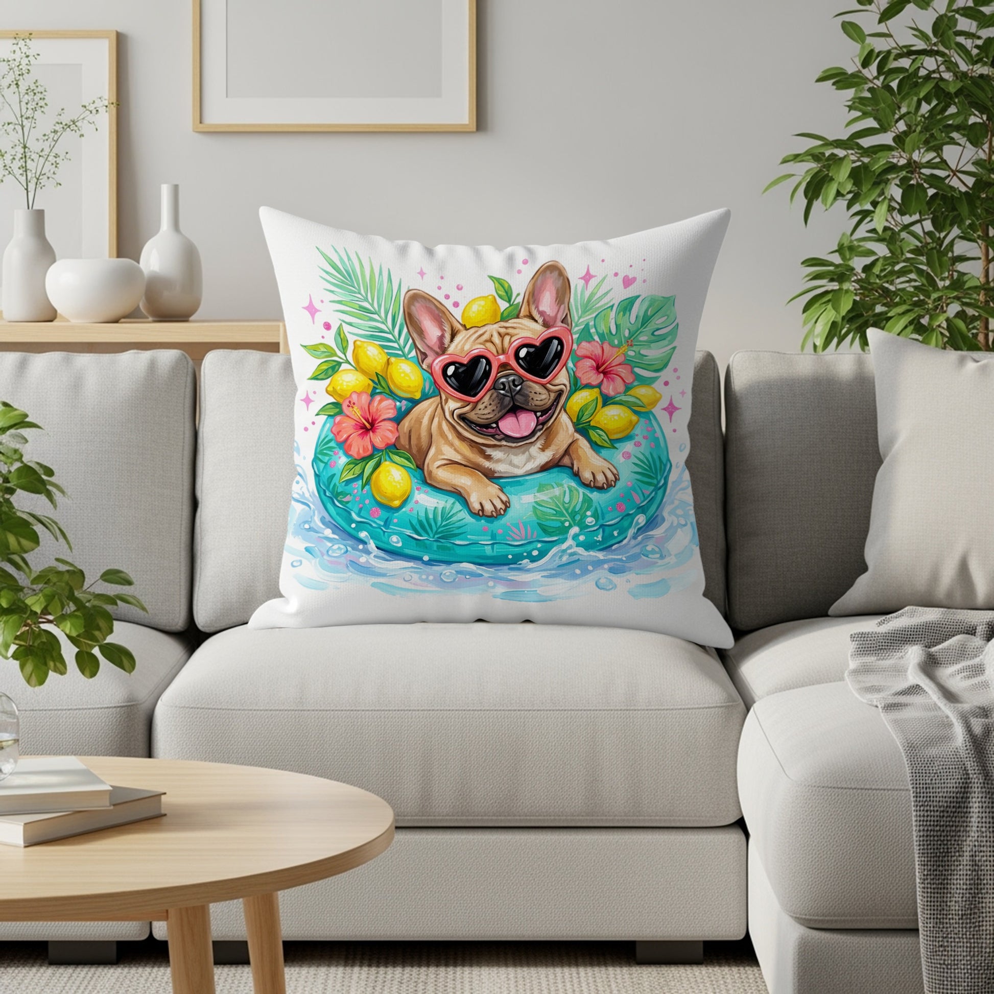 French bulldog in heart sunglasses on pool float with lemons and flowers.