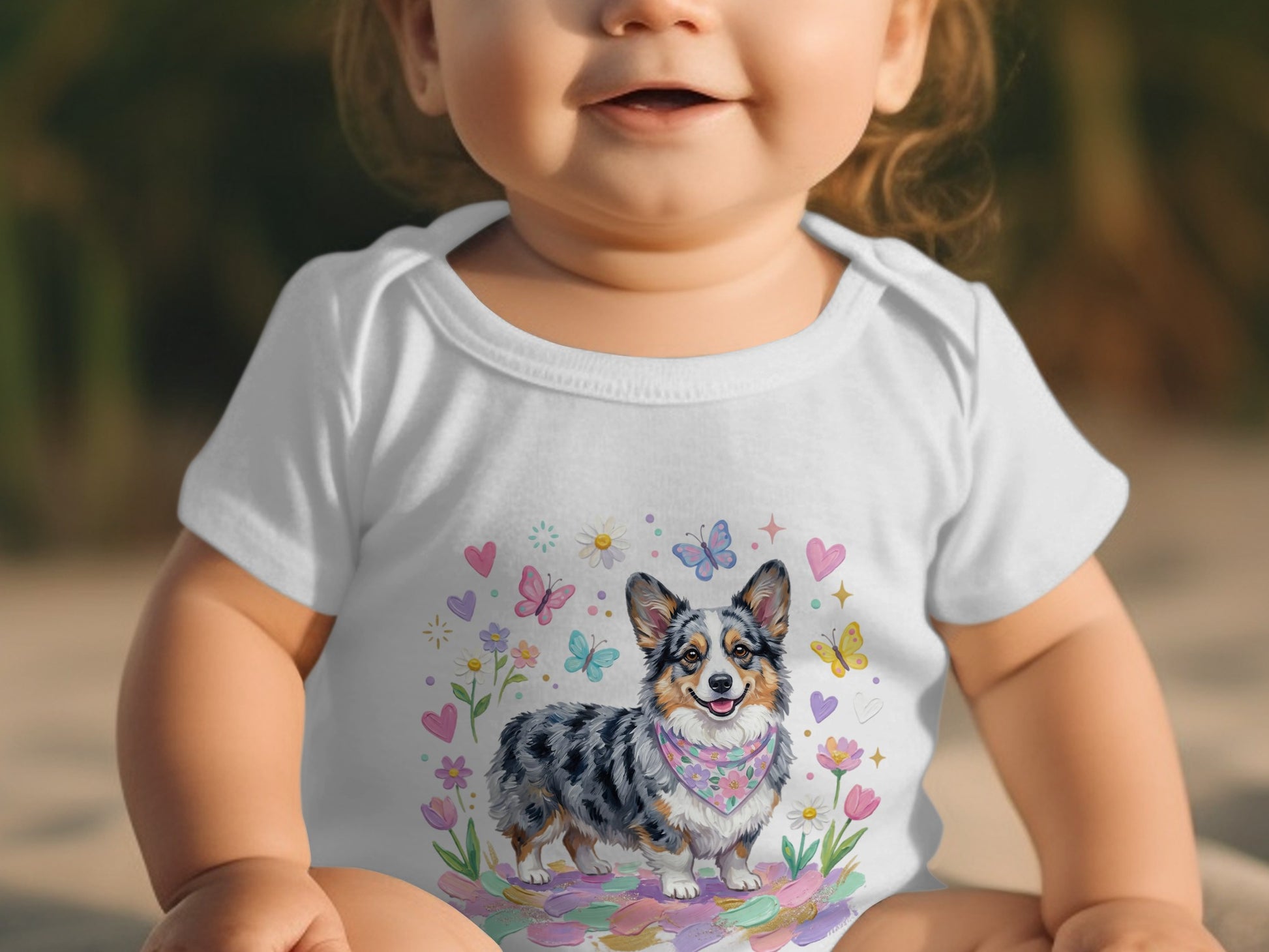 Baby in a white bodysuit with a corgi dog and flowers design.