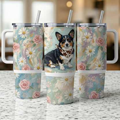 Floral tumbler with a corgi wearing a bandana, three views.
