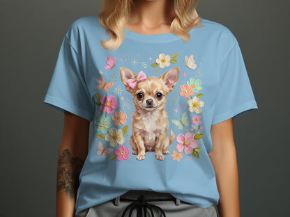 Light blue t-shirt with a chihuahua and flowers design.