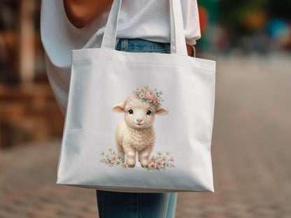 White tote bag with illustration of a fluffy lamb wearing a floral headband.