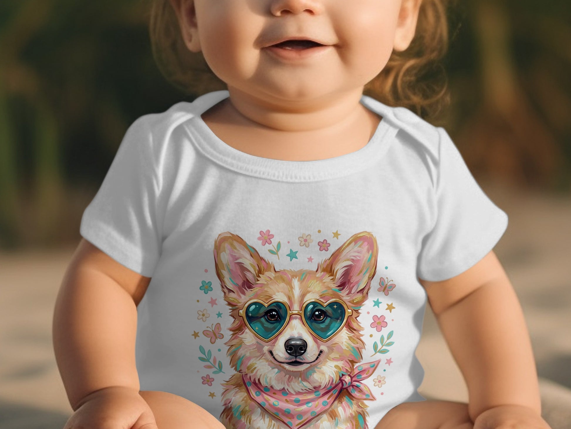 Baby wearing white onesie with a corgi wearing heart sunglasses.