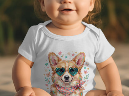 Baby wearing white onesie with a corgi wearing heart sunglasses.