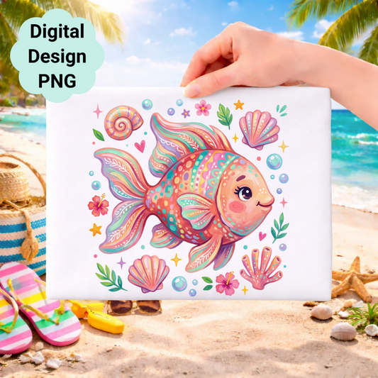 Colorful cartoon fish surrounded by shells and flowers, with a beach scene in the background.