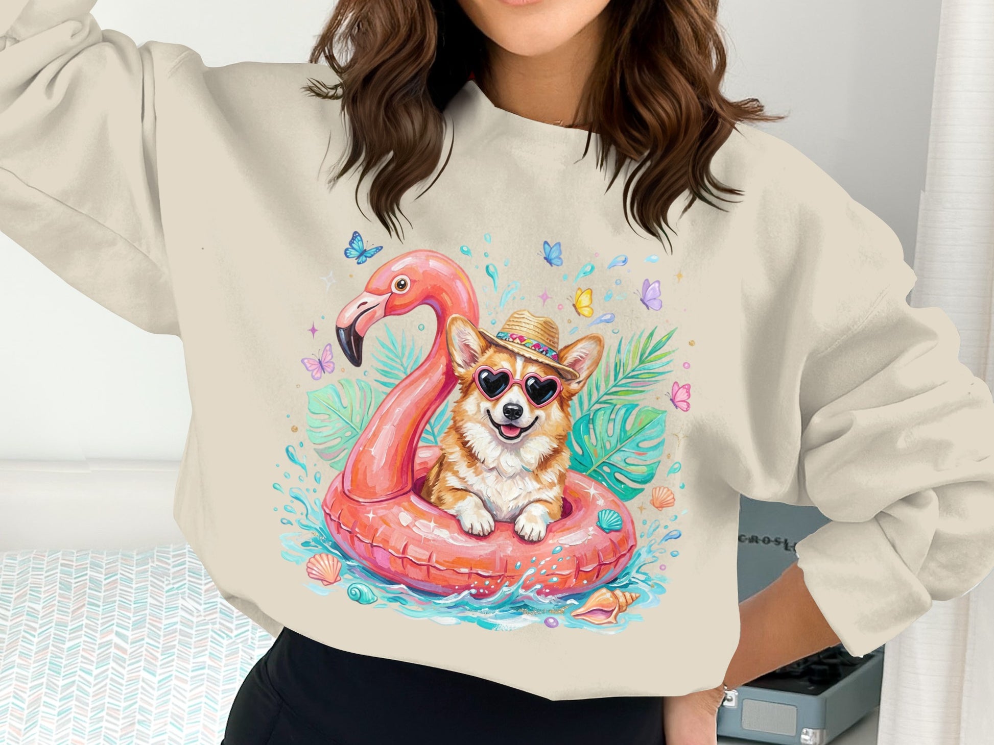 Corgi wearing sunglasses and hat in flamingo float, surrounded by tropical leaves.