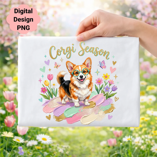 Corgi wearing glasses and "Corgi Season" text on a colorful abstract background.