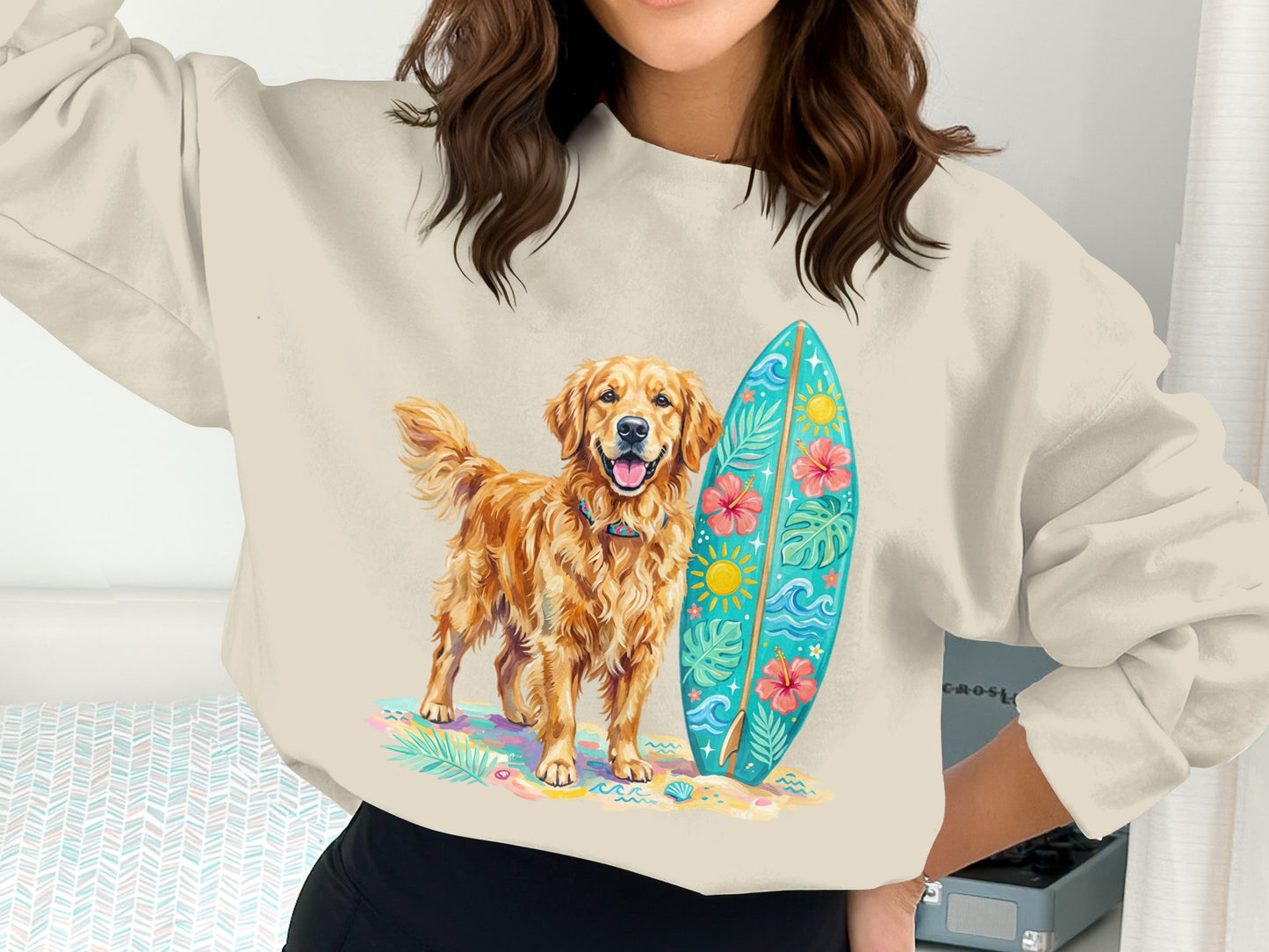 Golden retriever dog standing with a surfboard on a beach.