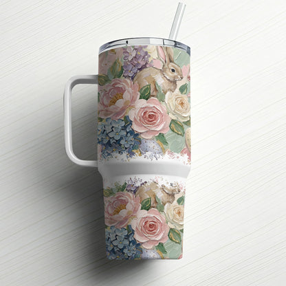 Floral tumbler with bunny and Easter eggs and straw.