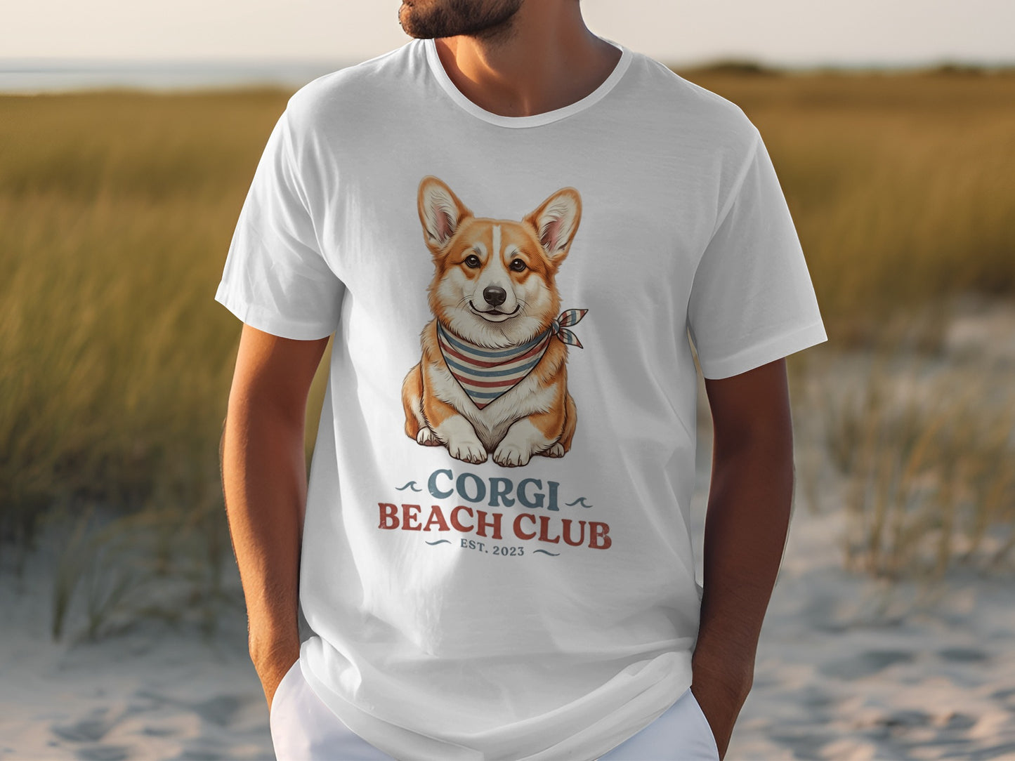 White t-shirt with a Corgi wearing a bandana and text "Corgi Beach Club Est. 2023".