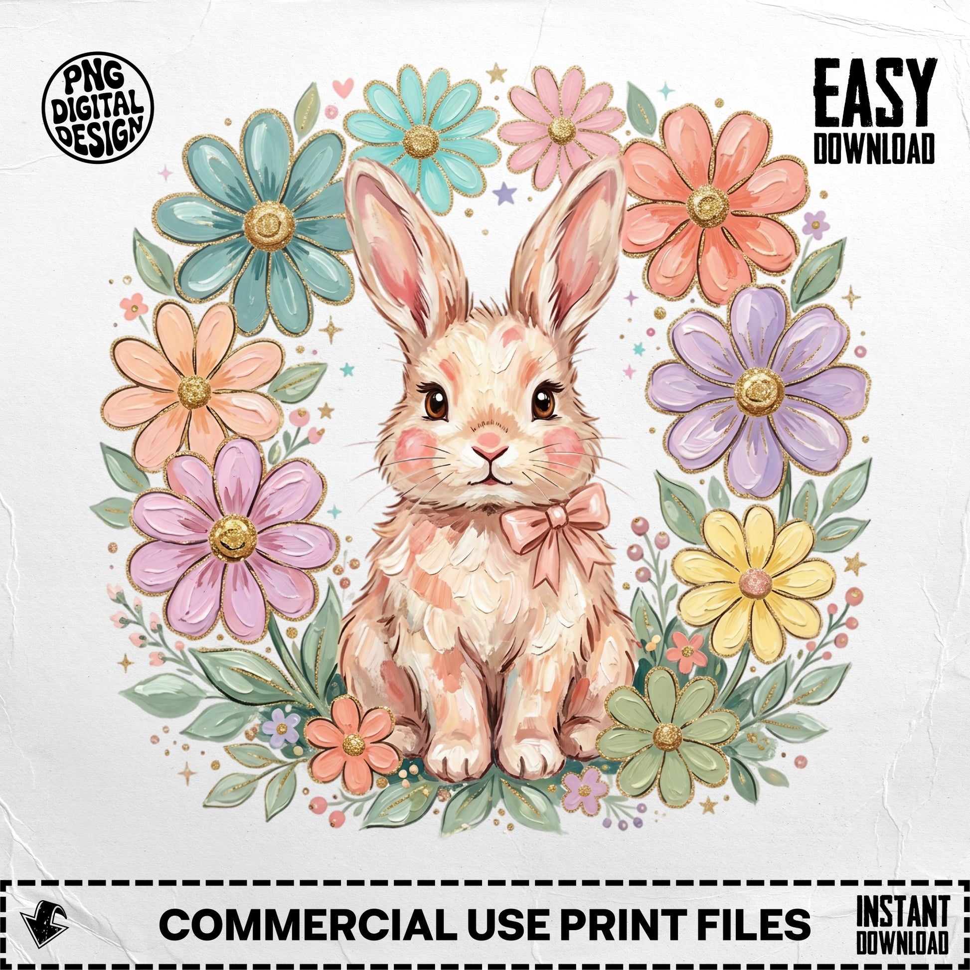 Bunny surrounded by pastel floral wreath, "Easy Download" text.
