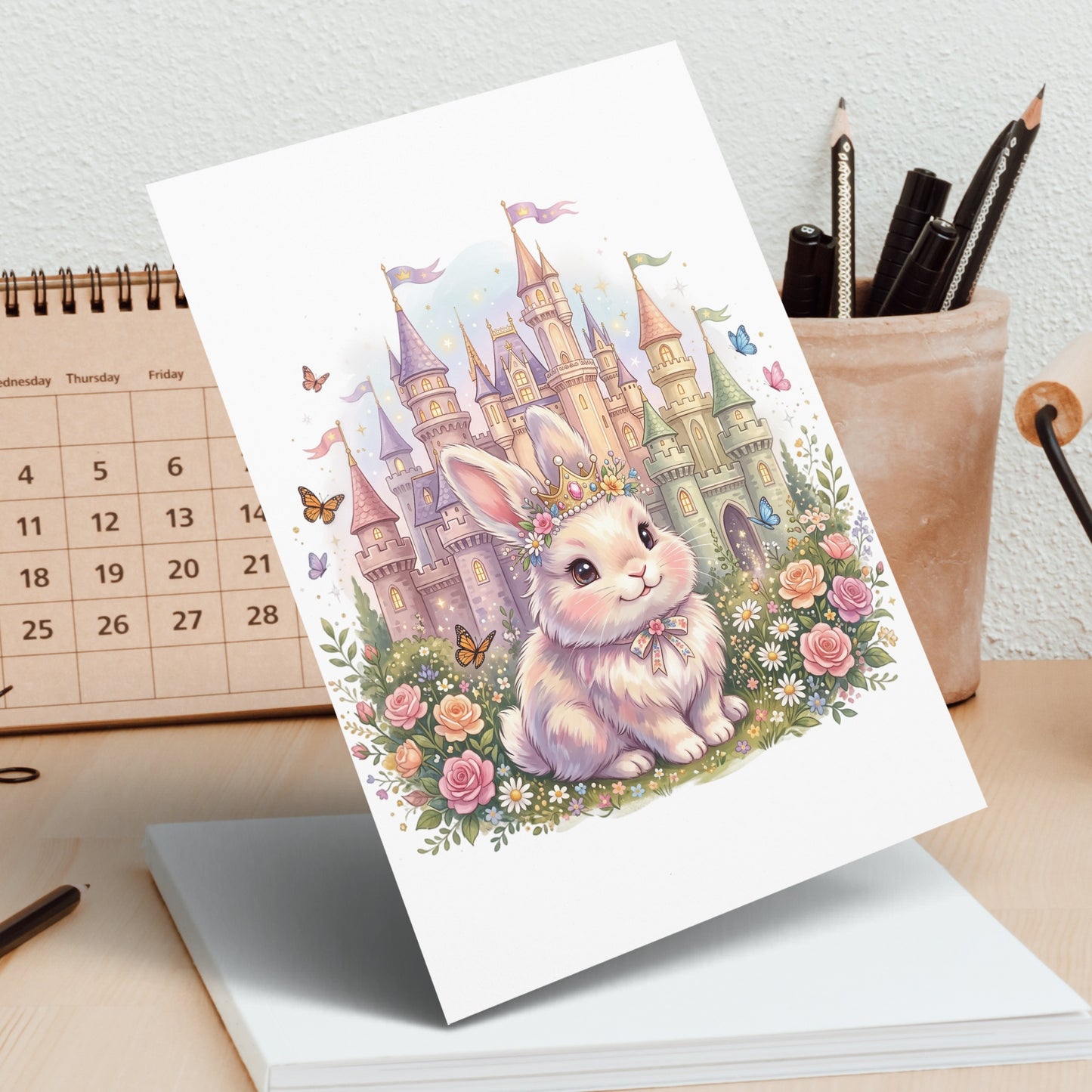 White bunny in crown sitting by fairytale castle and flowers.