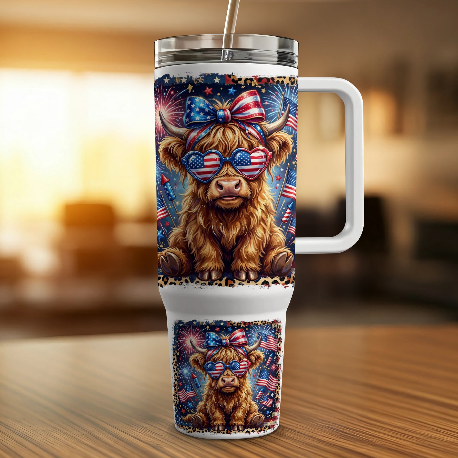 Highland cow with American flag sunglasses, bow tie, and fireworks design.