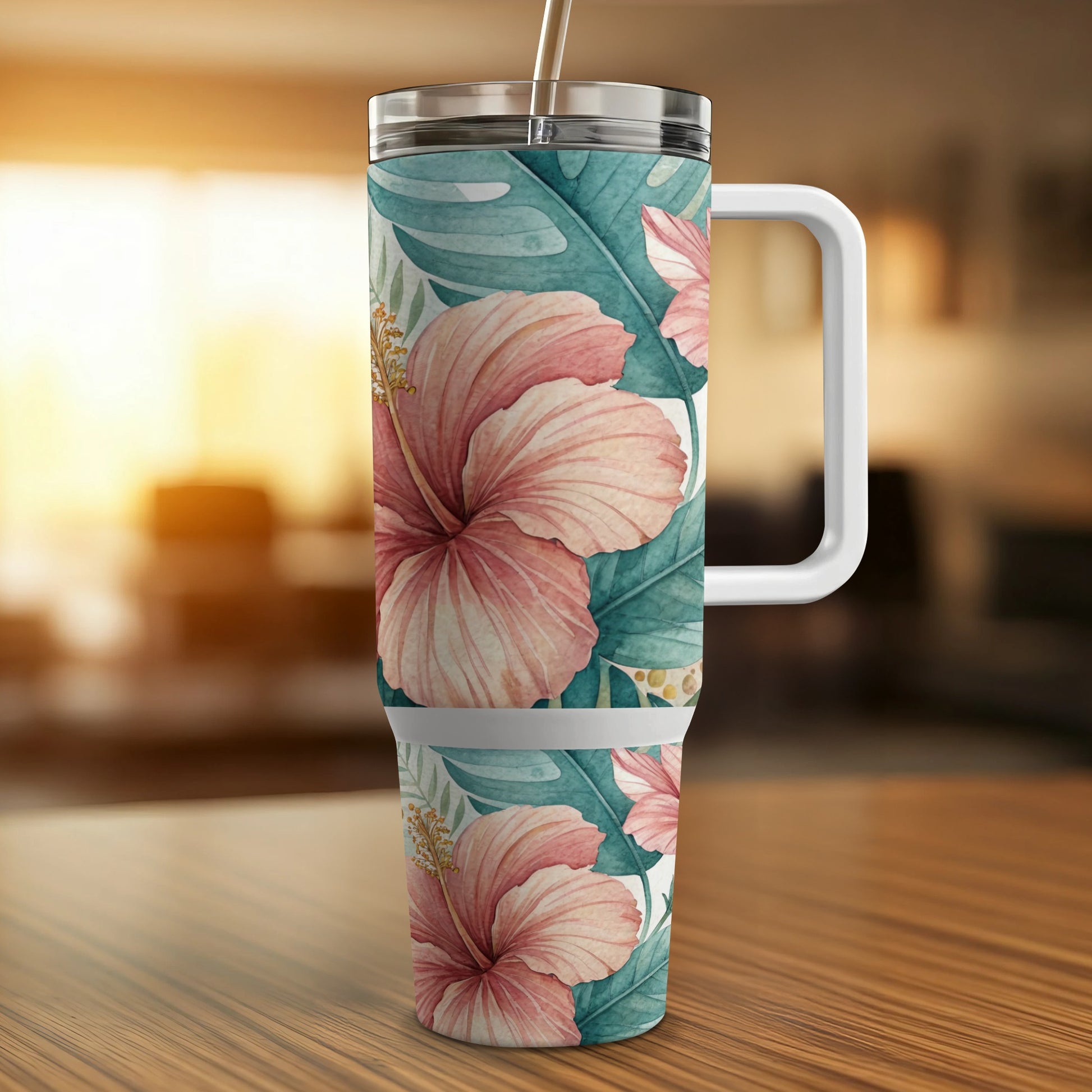 Tall tumbler with pink hibiscus flowers and green tropical leaves pattern.