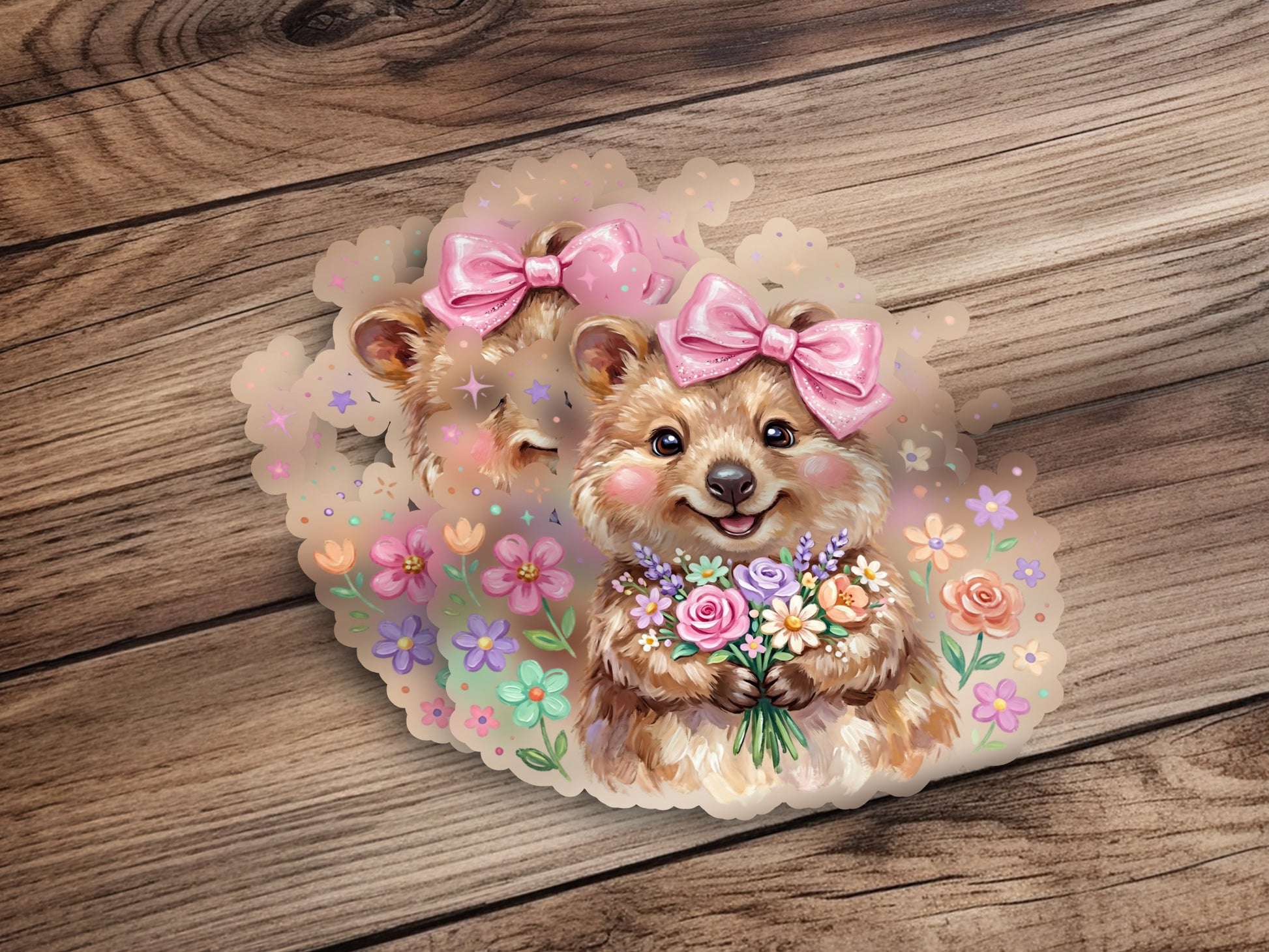 Cute quokka holding a bouquet of flowers, wearing pink bows.