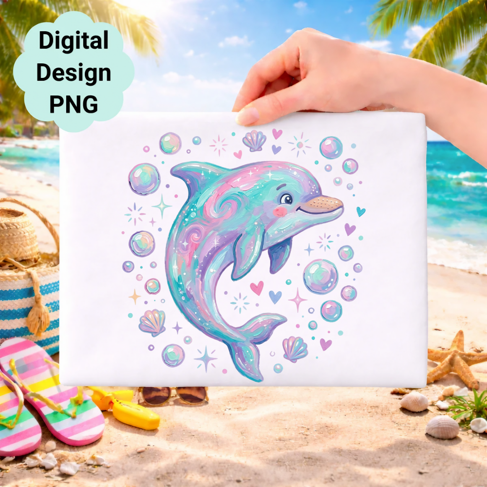 Cute cartoon dolphin with bubbles and seashells on a beach background.