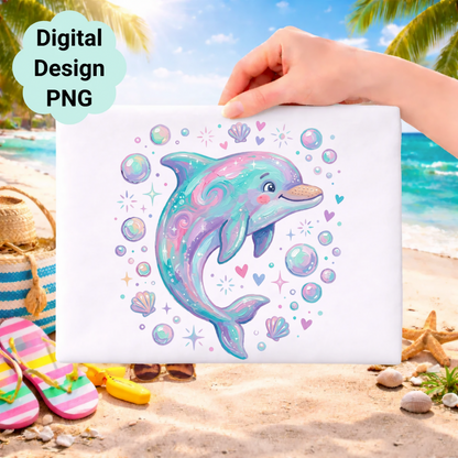 Cute cartoon dolphin with bubbles and seashells on a beach background.