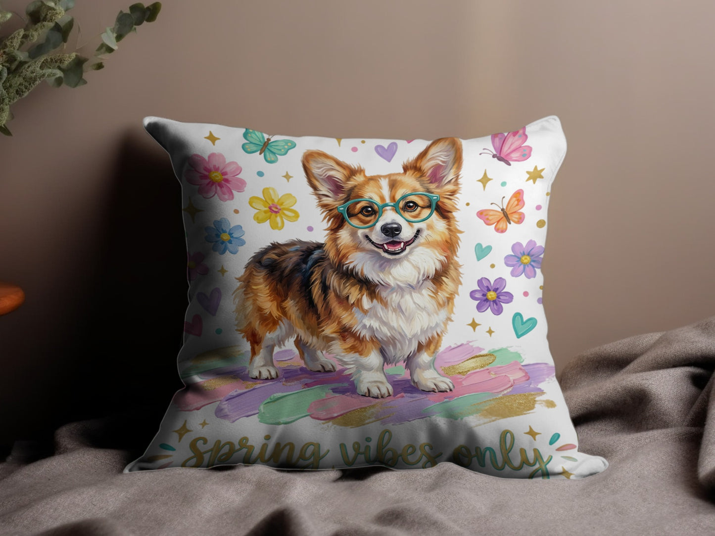 Corgi wearing glasses surrounded by flowers and butterflies with "spring vibes only" text.
