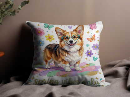 Corgi wearing glasses surrounded by flowers and butterflies with "spring vibes only" text.