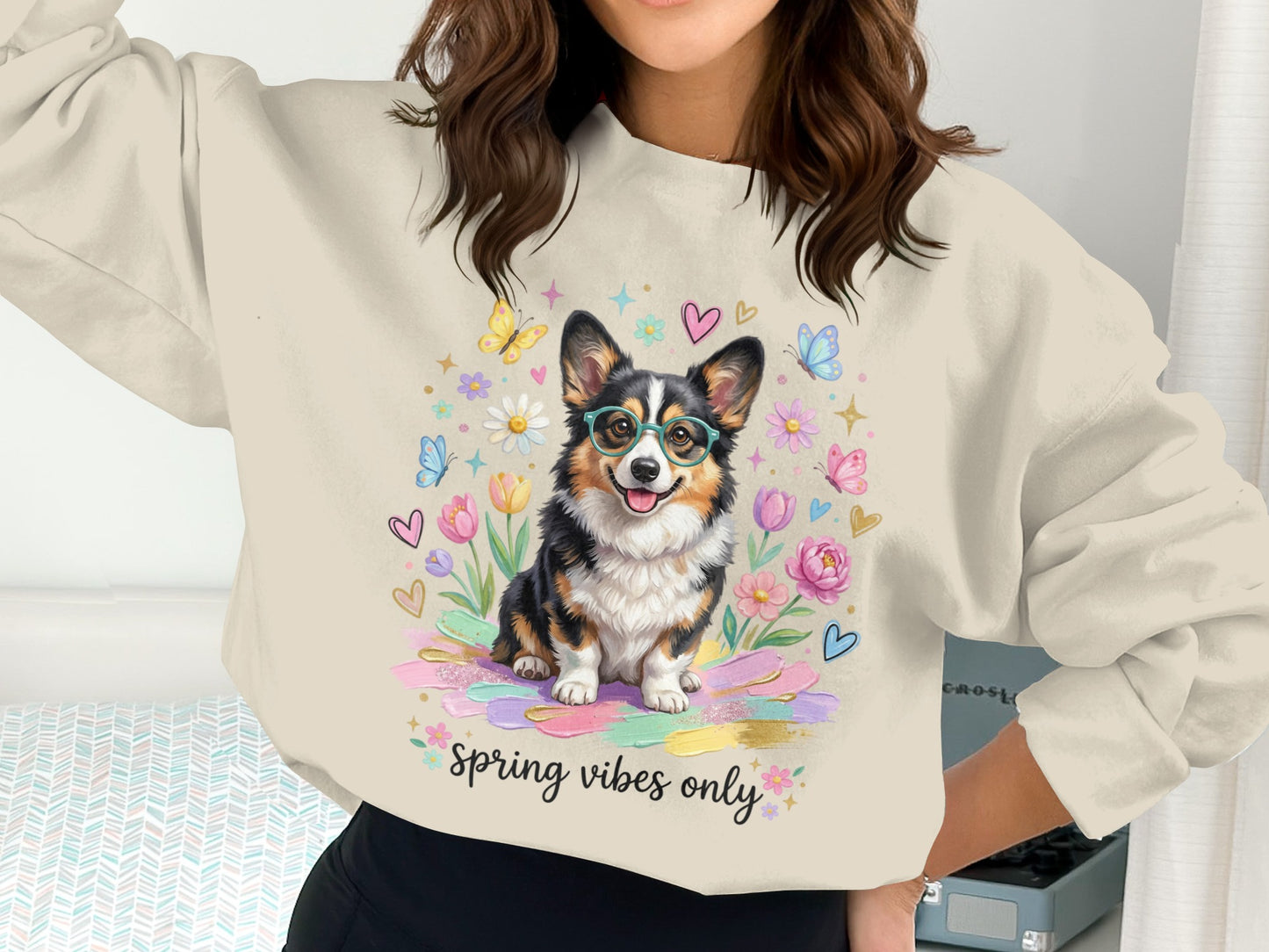 Corgi with glasses and flowers, "spring vibes only" text.