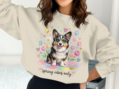 Corgi with glasses and flowers, "spring vibes only" text.