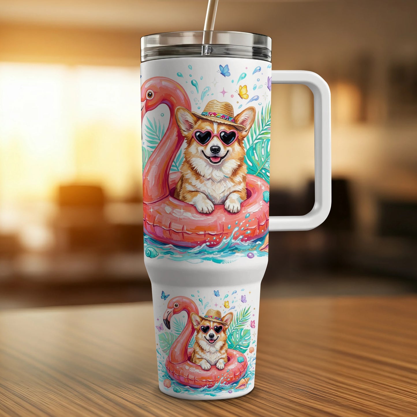 Corgi on flamingo float with sunglasses on a tumbler.