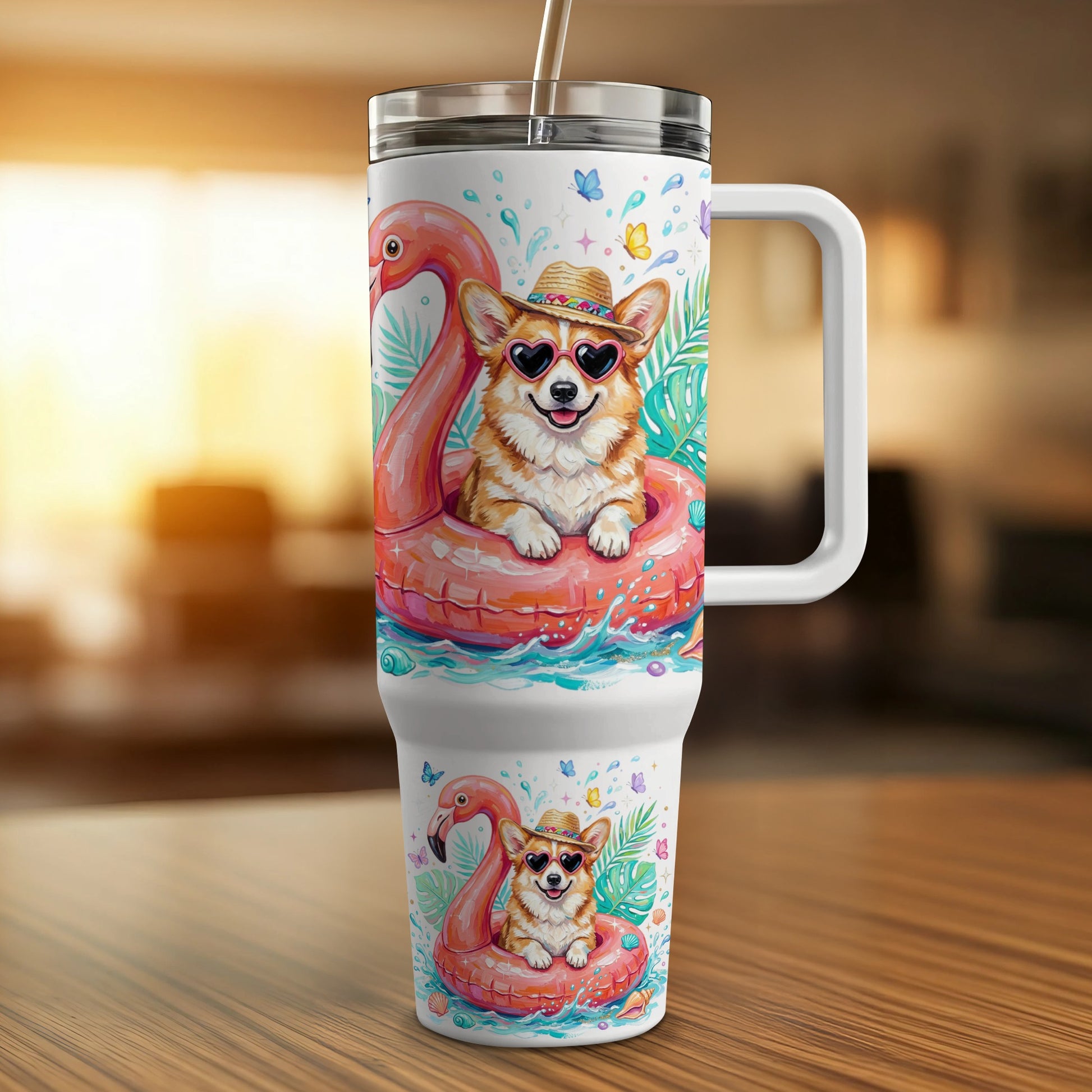 Corgi on flamingo float with sunglasses on a tumbler.