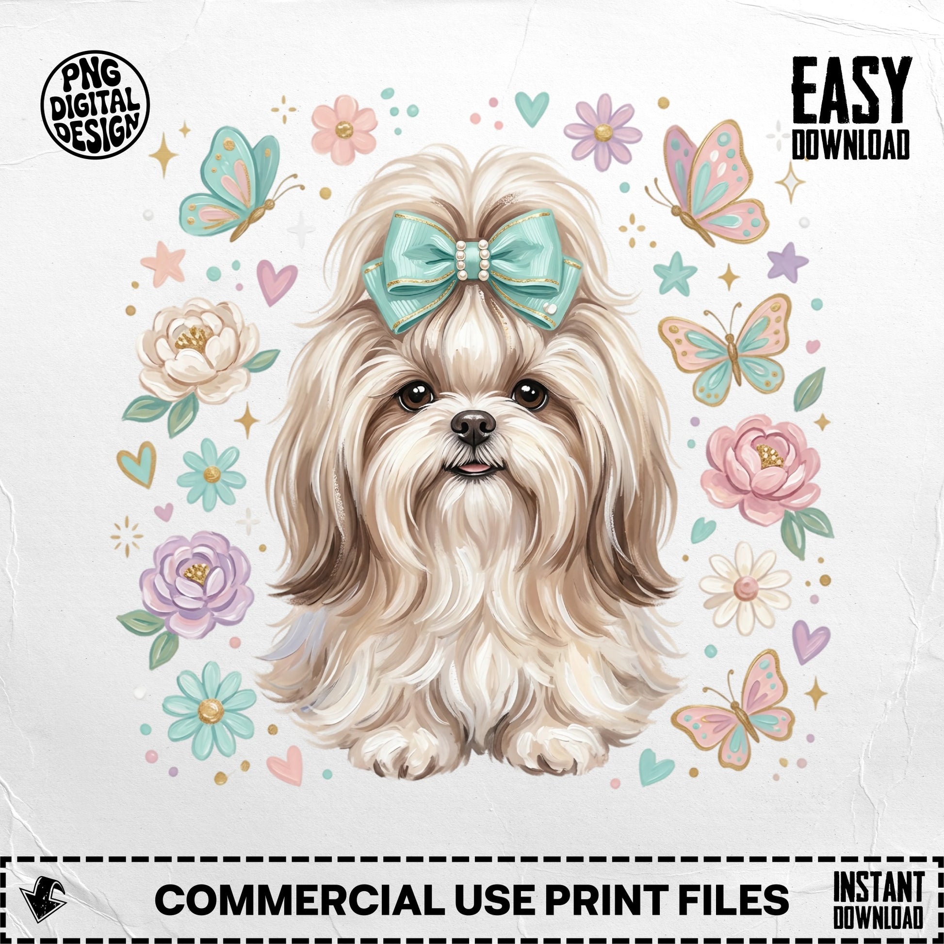 Shih Tzu dog with butterflies and flowers, for commercial use print files.