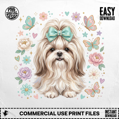 Shih Tzu dog with butterflies and flowers, for commercial use print files.