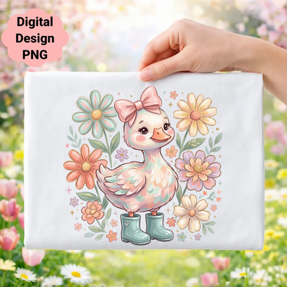 Cute cartoon duck in boots surrounded by pastel flowers and a pink bow.