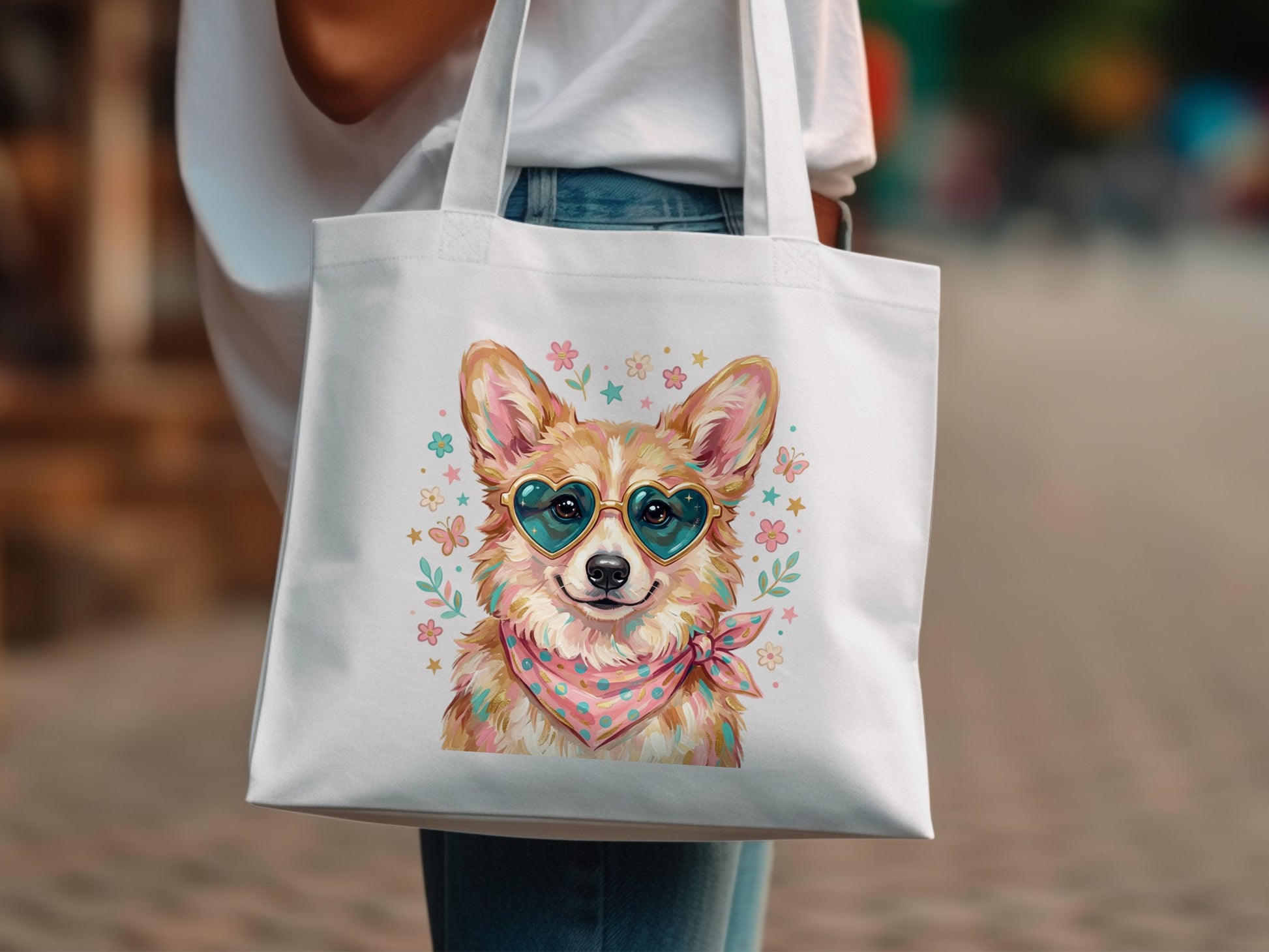 Corgi wearing heart sunglasses with floral and butterfly pattern on white tote bag.