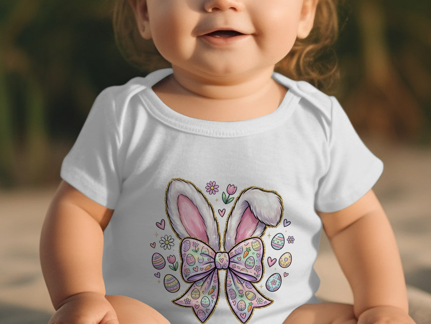 Baby in white onesie with Easter bunny ears and pastel Easter eggs design.