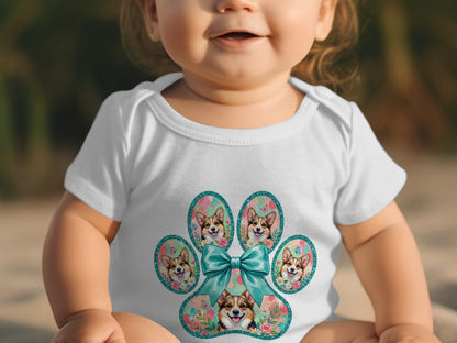 Baby in white bodysuit with four corgis and a teal bow graphic.