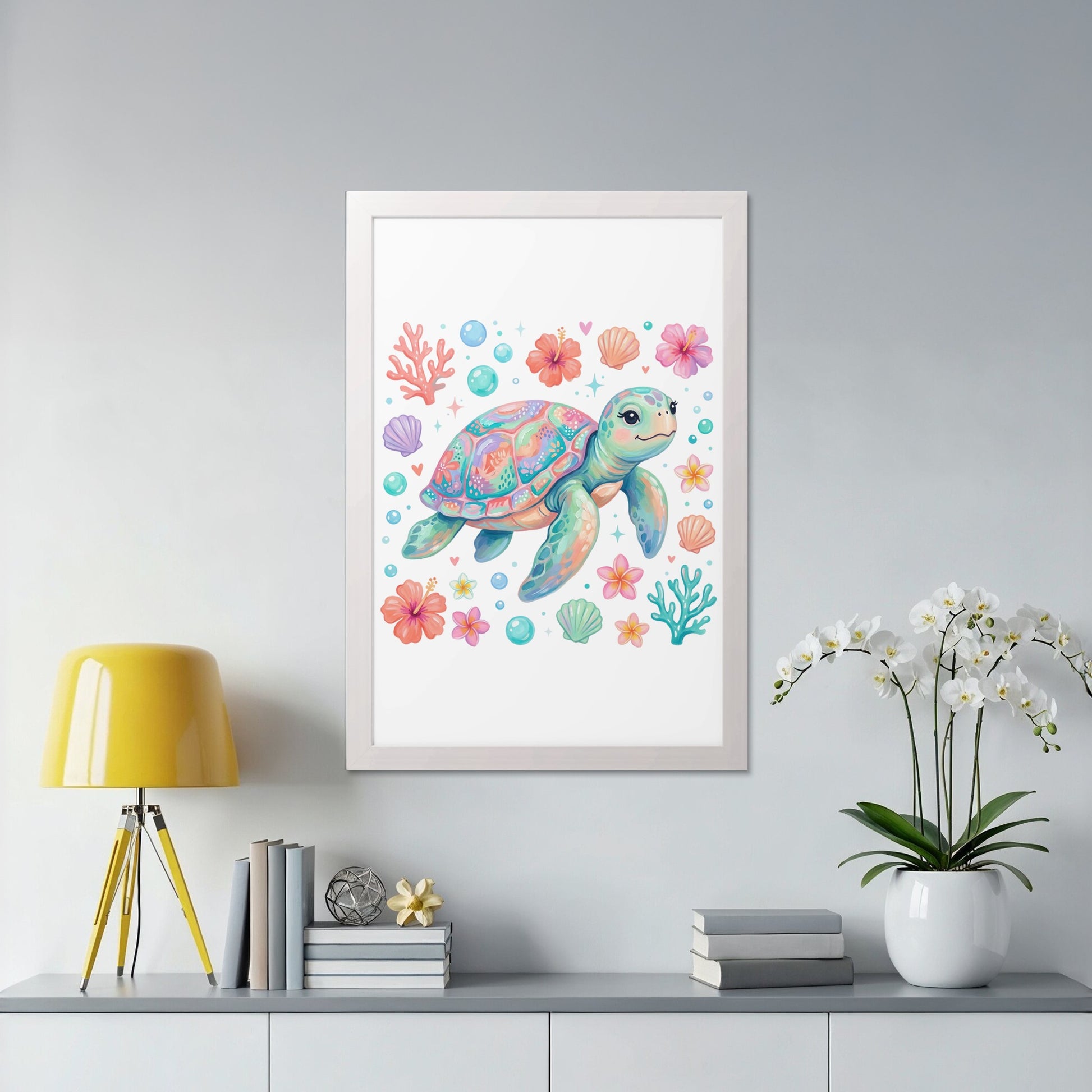 Watercolor illustration of a smiling sea turtle surrounded by colorful shells and flowers.