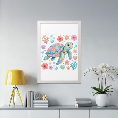 Watercolor illustration of a smiling sea turtle surrounded by colorful shells and flowers.