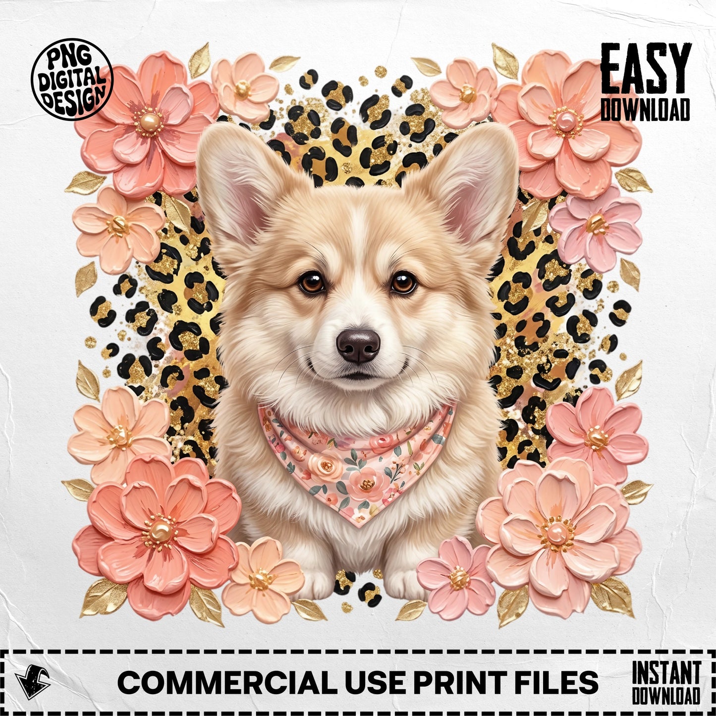 Corgi wearing bandana, surrounded by peach flowers and leopard print.