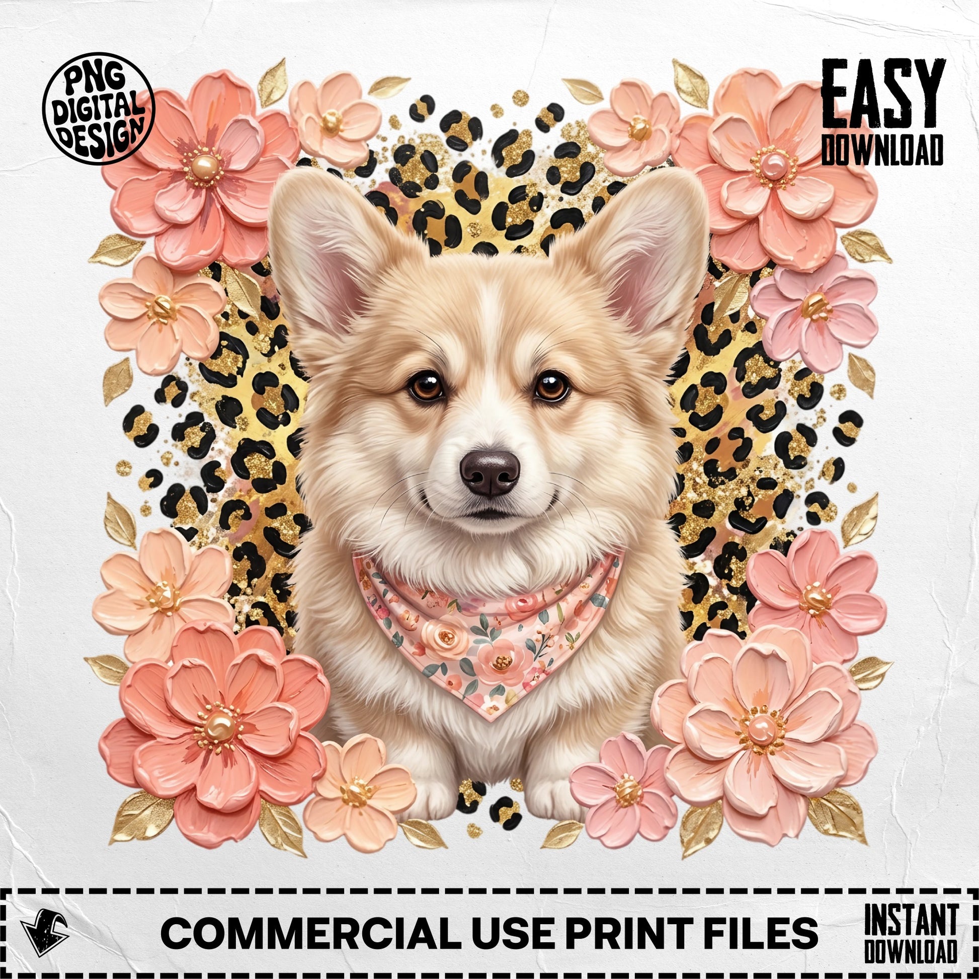 Corgi wearing bandana, surrounded by peach flowers and leopard print.